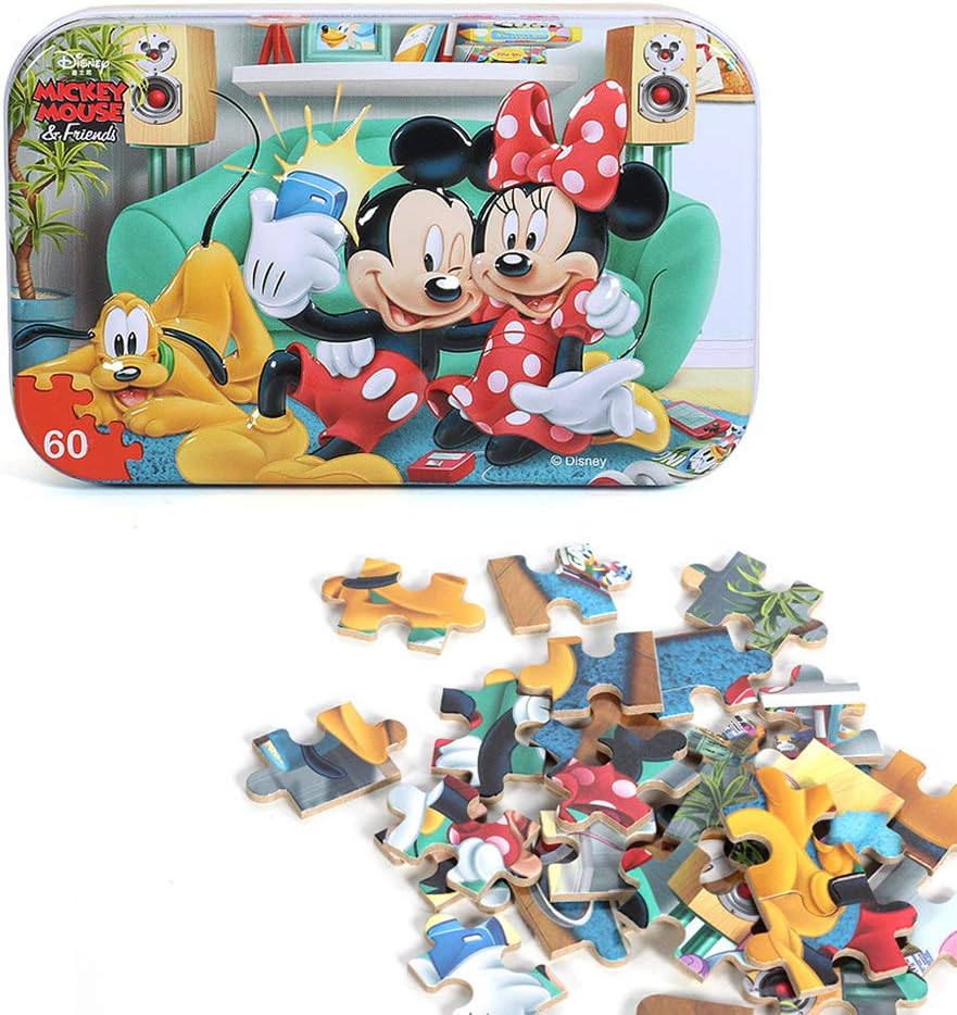Leehany Disney Mickey Mouse Puzzle in a Metal Box 60 Pieces Jigsaw Puzzles for Kids Ages 4-8 for Learning Educational Puzzles for Boys and Girls