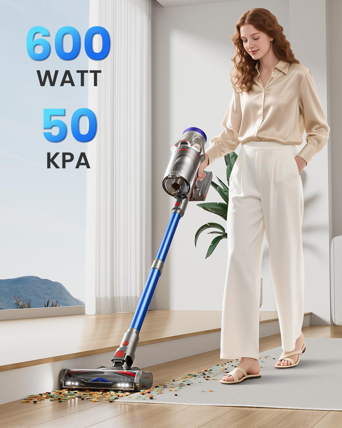 Akku Staubsauger 50000Pa/600W/65Min，Staubsauger Kabellos 1,8L mit OLED-Display, Mit Staubentfernungsfunktion, Selbststehender, Verwicklungsfreier Bürstenkopf,für Tierhaare/Teppiche/Hartböden/Auto 2