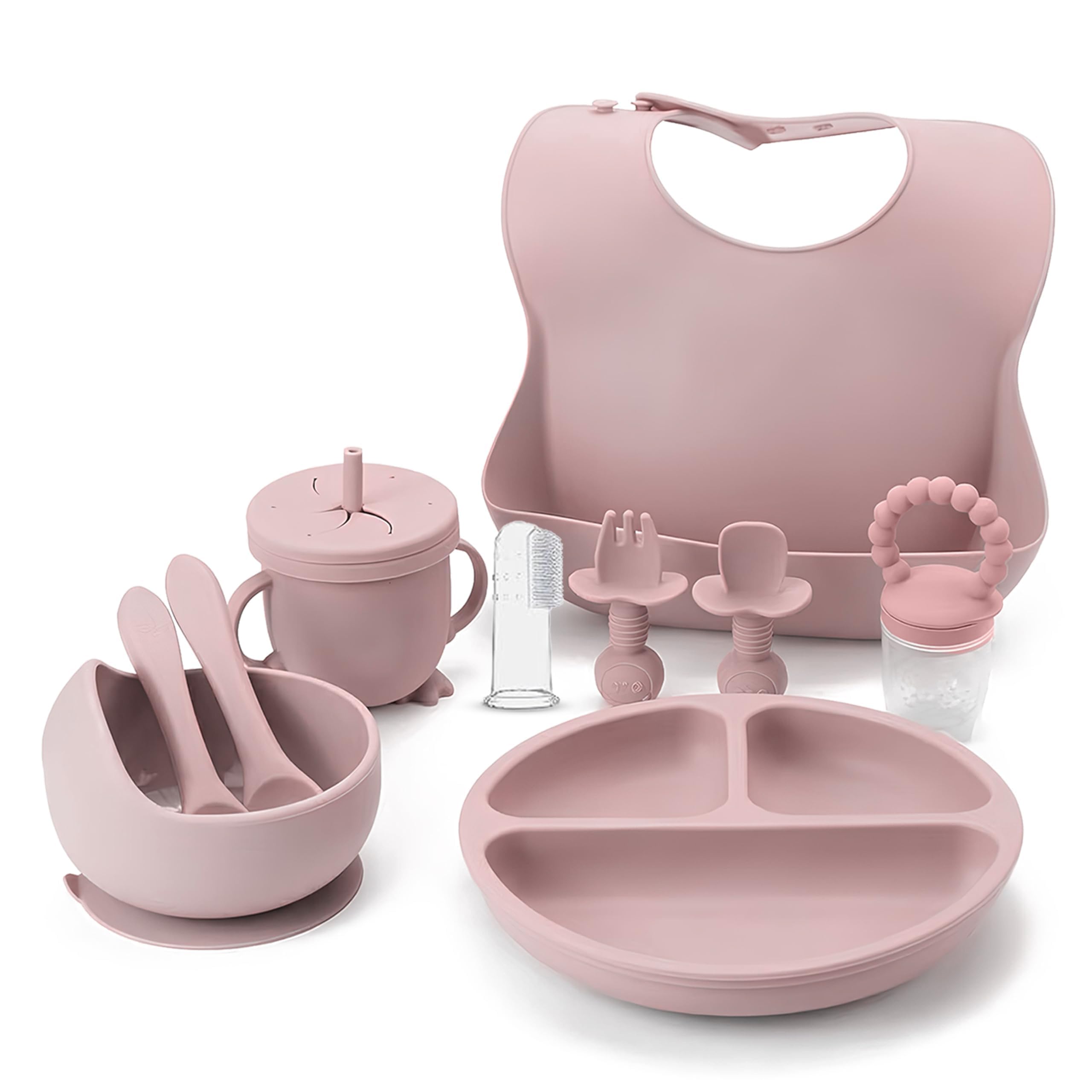 Indique Baby Weaning Set - 11 Pcs Silicone Baby Feeding Set with Suction Plate, Weaning Kit with Adjustable Bib, Fork, Spoon, Fruit Feeder & Toothbrush – Ideal Weaning Set Baby Gift (Light Pink)