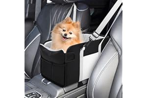 NECKORY Portable Dog Car Seat for Small Dogs - Pet Booster Seat with Safety Leash, Adjustable Straps, Washable Cushion & Storage Pocket - Center Console Puppy Car Seat for Travel - Black