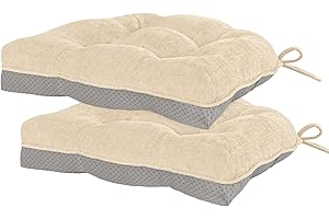 HARBOREST Chair Cushions for Dining Chairs Set of 2 - Chenille Tufted Kitchen Chair Cushions with Ties and Non-Slip Bottom, Memory Foam Chair Pads for Dining Chairs, 17" x 17", Ivory