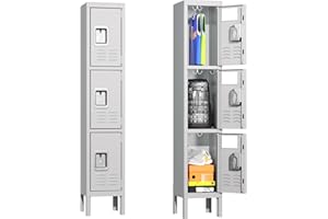 Greenvelly Metal Locker for School Office Gym Metal Storage Locker Cabinet for Employees Students Steel Locker Triple Tier with 3 Door Grey