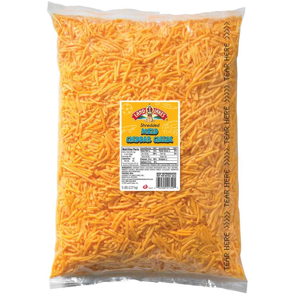 Land O Lakes Shredded Mild Cheddar Cheese, 5 Pound -- 4 per case.