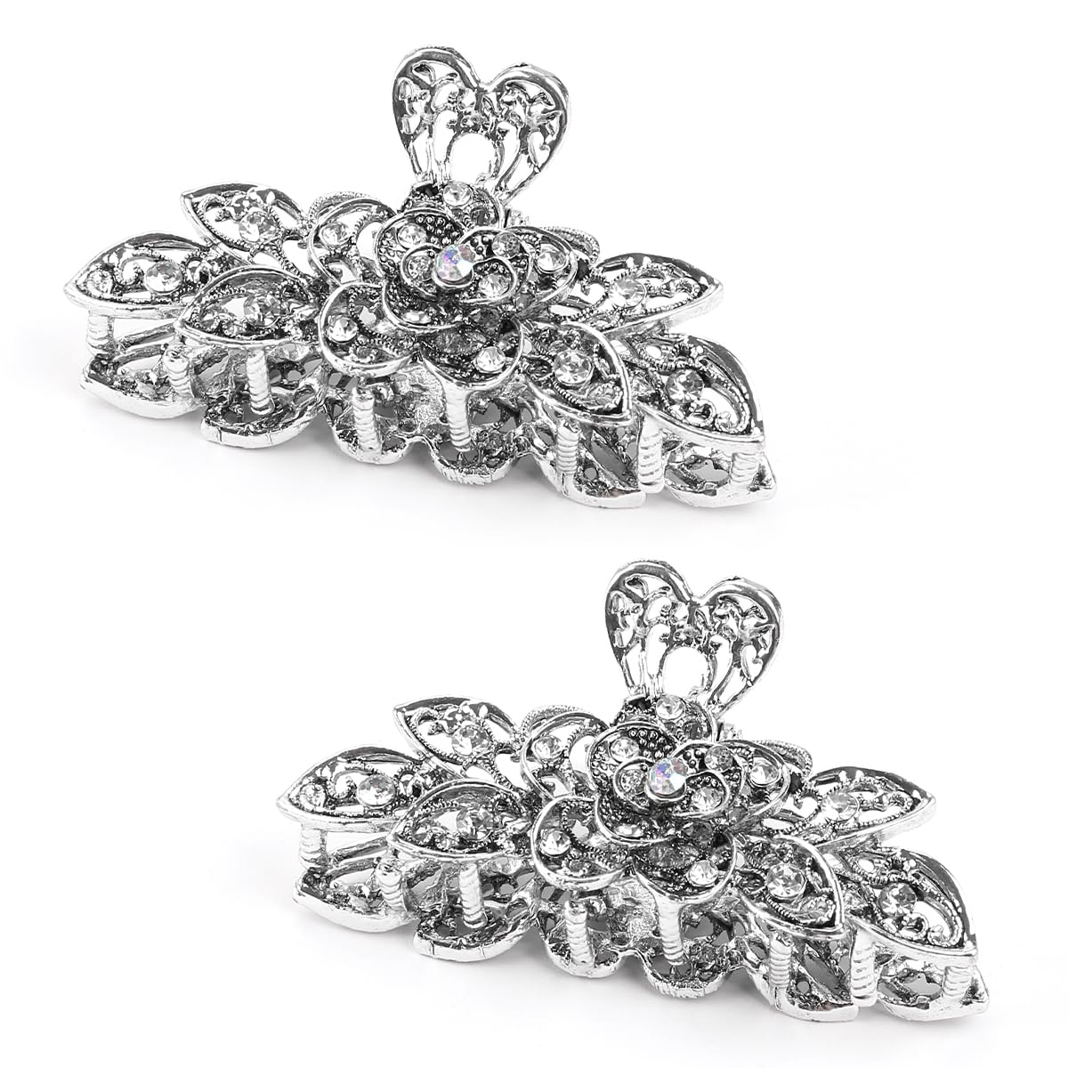 GLADFRESIT 2 Pcs Retro Chic Rhinestone Alloy Fancy Hair Claw Jaw Clips,Vintage Flowers Hair Catch, Updo Grip Hair Accessories for Thick Hair (Bright White)