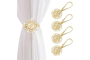 AULEEP Magnetic Curtain Tiebacks, 4 Pack Magnetic Crystal Decorative Drapes Curtain Clips Buckle, Flower Curtain Tie Back, European and American Style (Gold)
