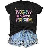Teacher T-Shirt for Women Progress Over Perfection Graphic Shirt Inspirational School Teaching Tee Top