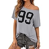 LilyCoco Womens Off The Shoulder Graphic Tees Casual Short Sleeve Asymmetrical Top