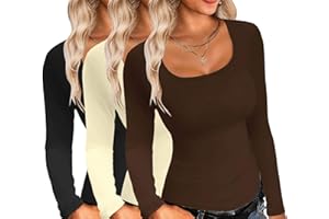 Ekouaer Womens 3 Pack Long Sleeve Shirts Square Neck Fitted Tops Tight Tee Thermal Basic Undershirts XS-XXL