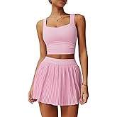 Women 2 Piece Tennis Dresses High Waisted Pleated Skirt Sets Sleeveless Racerback Padded Crop Top Seamless Golf Outfits