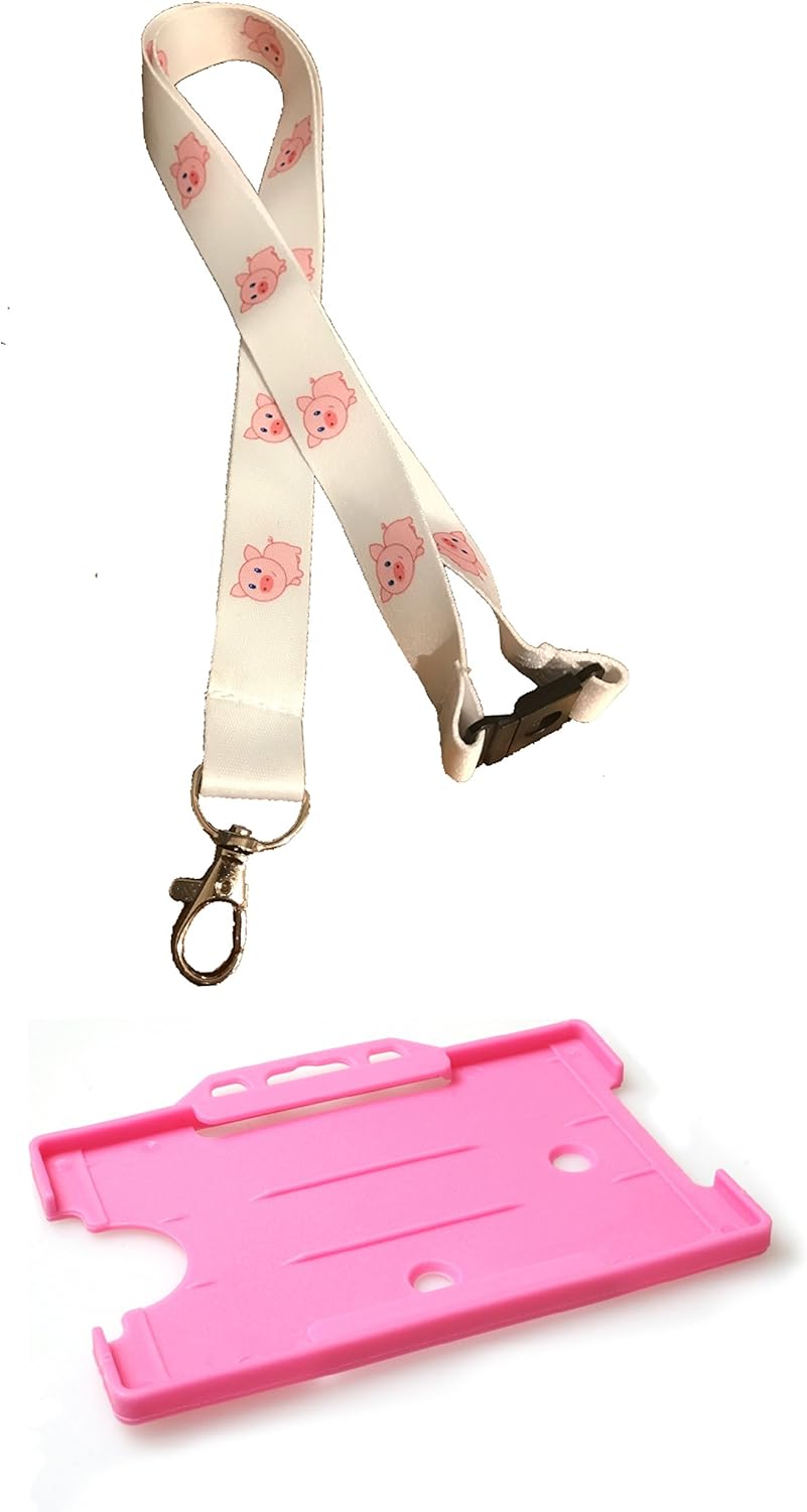 Pig Animal Print Lanyard with Safety Breakaway & Matching Pink Card Holder