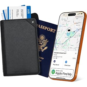 Spotminders. Apple MFi Certified Trackable Passport Holder for Travel (iOS Only) Works with Apple Find My, Rechargeable Passp