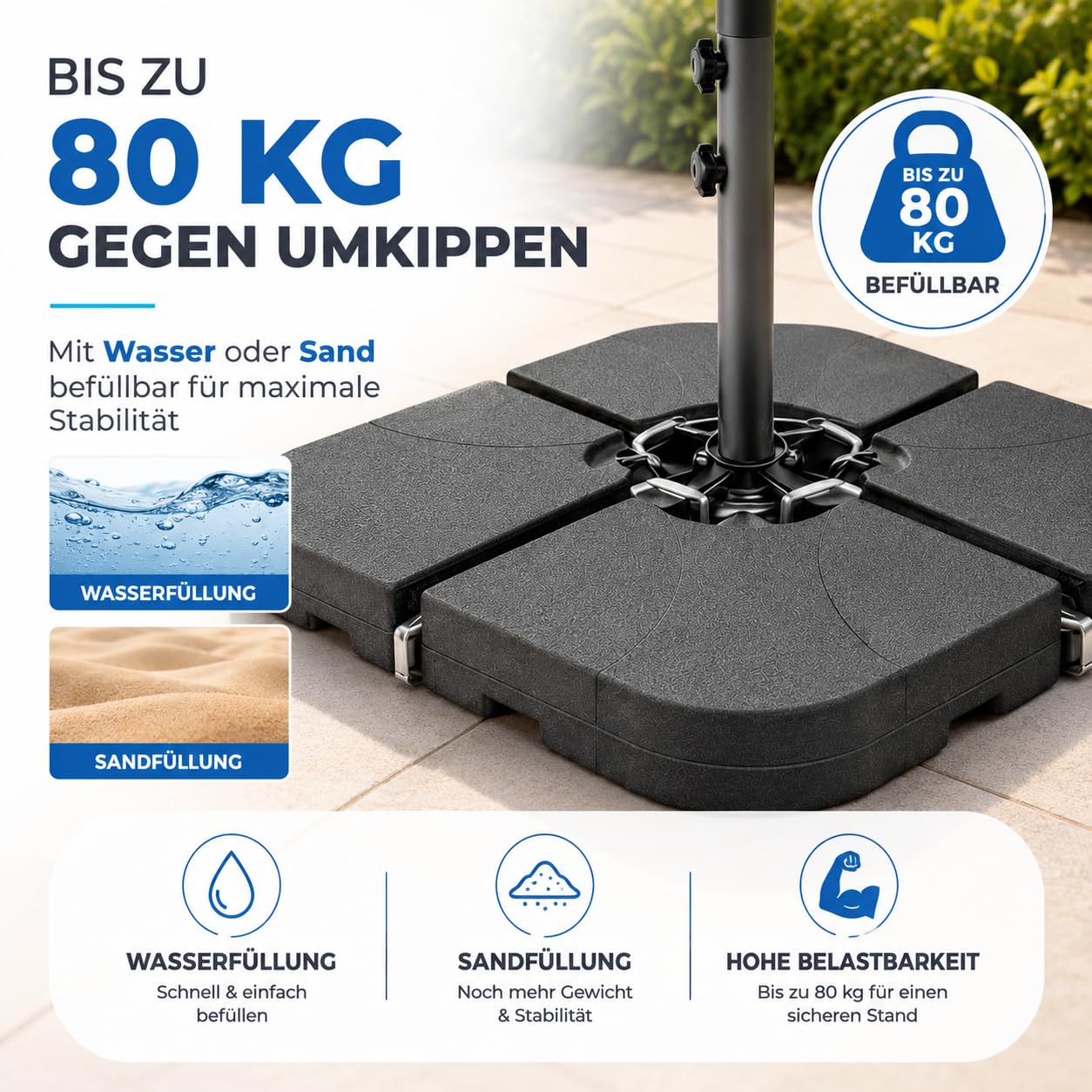 Gartiva Sonnenschirmständer für Ampelschirme – Schirmgewichte zum Befüllen für Bodenkreuze aus Kunststoff – Schirmständer Sonnenschirm Ampelschirmständer (4-Teilig bis 80 kg, Kunststoff) 7