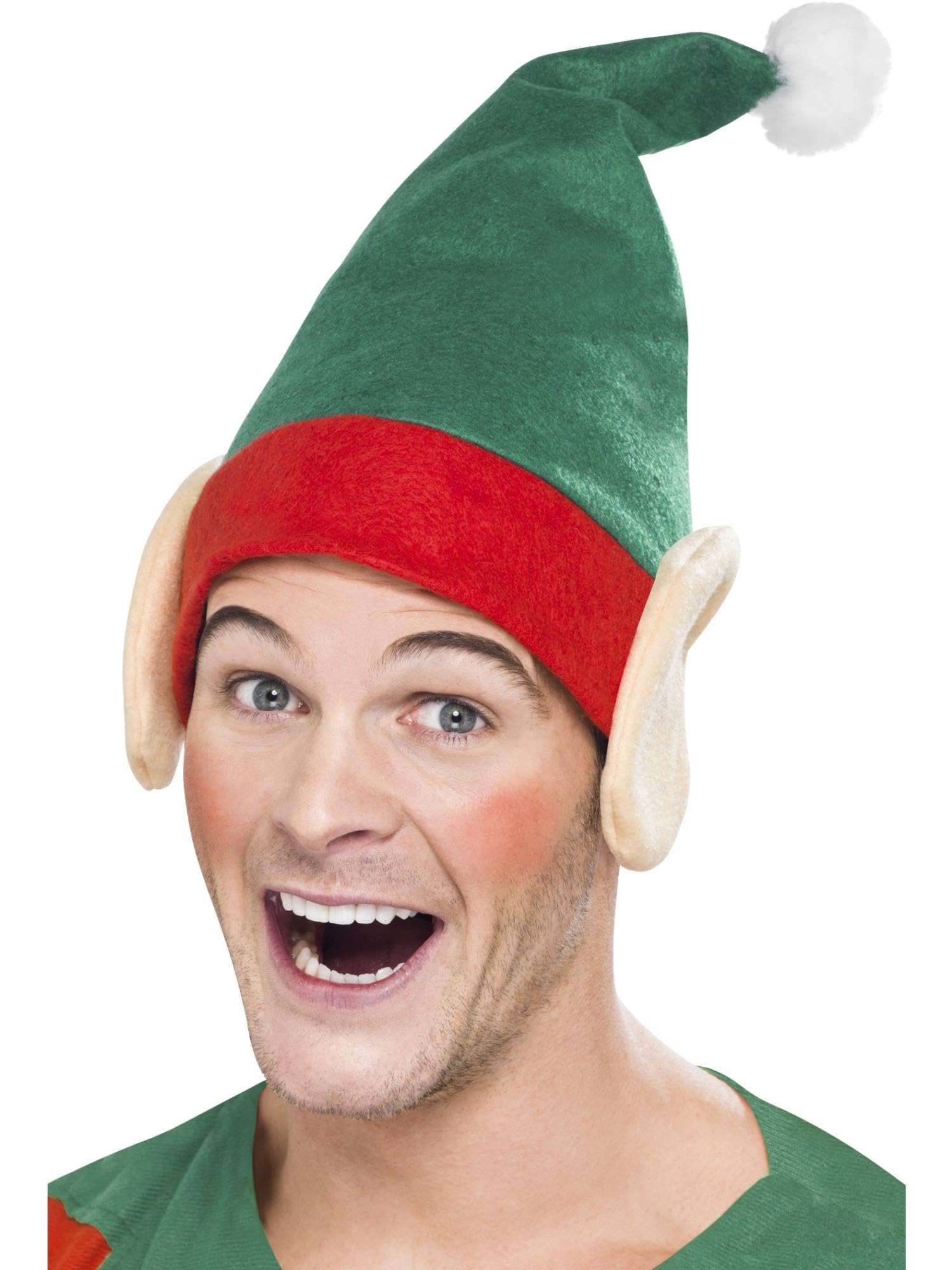 Smiffys Elf Hat, Green – Christmas Fancy Dress Accessory with Pointed Tip, Attached Ears and Pom Pom, Unisex Festive Hat for Adults, Perfect for Xmas Parties, Santa’s Helpers and Holiday Events