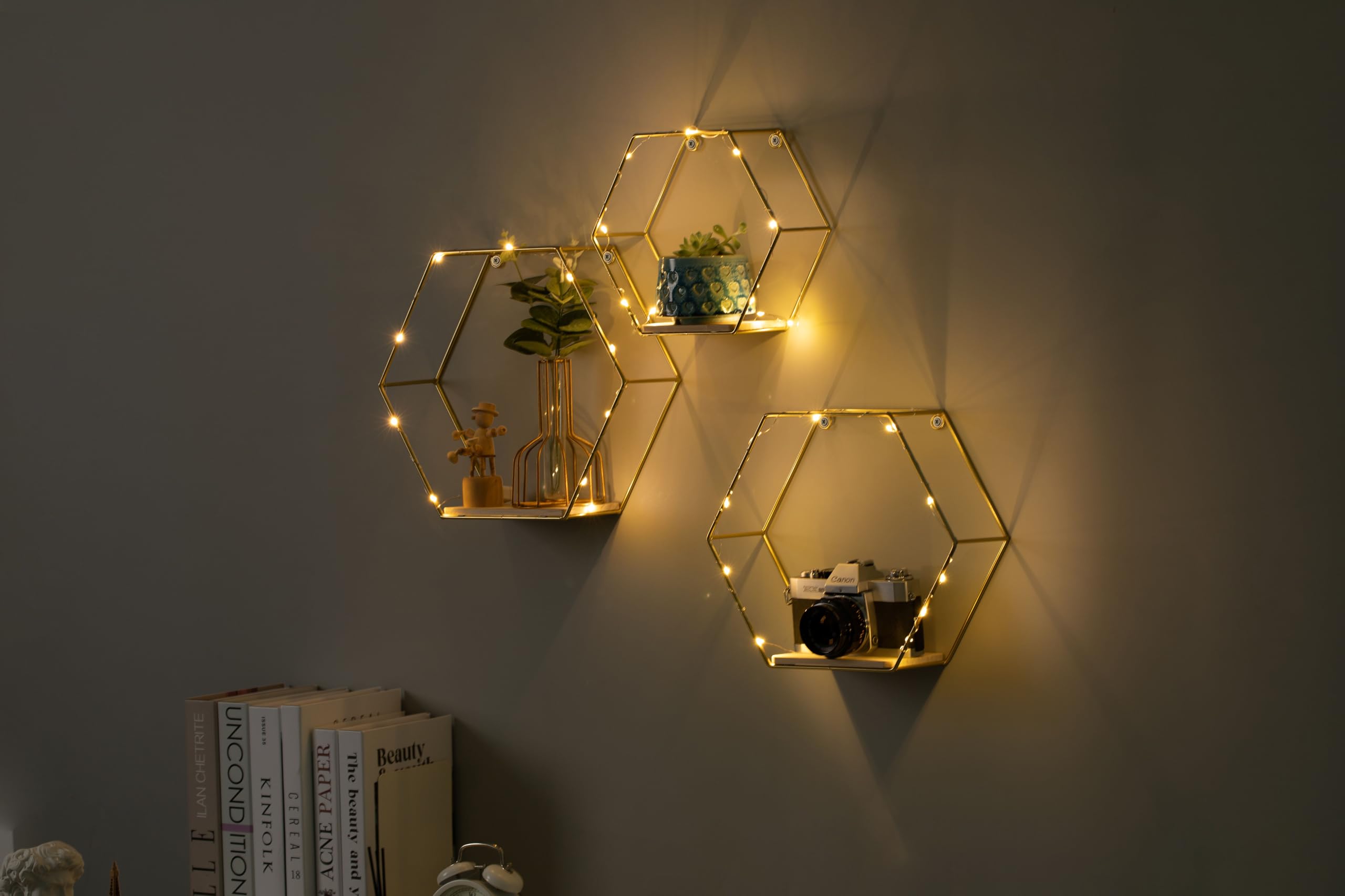 Photo 1 of Niemro - Large Size Golden Hexagon Shape Floating Shelves with LED Lights Wall Decor,Gold Metal Wire and Wood Base Wall Mounted Shelf Decorations for Home Bedroom Living Room - Set of 3