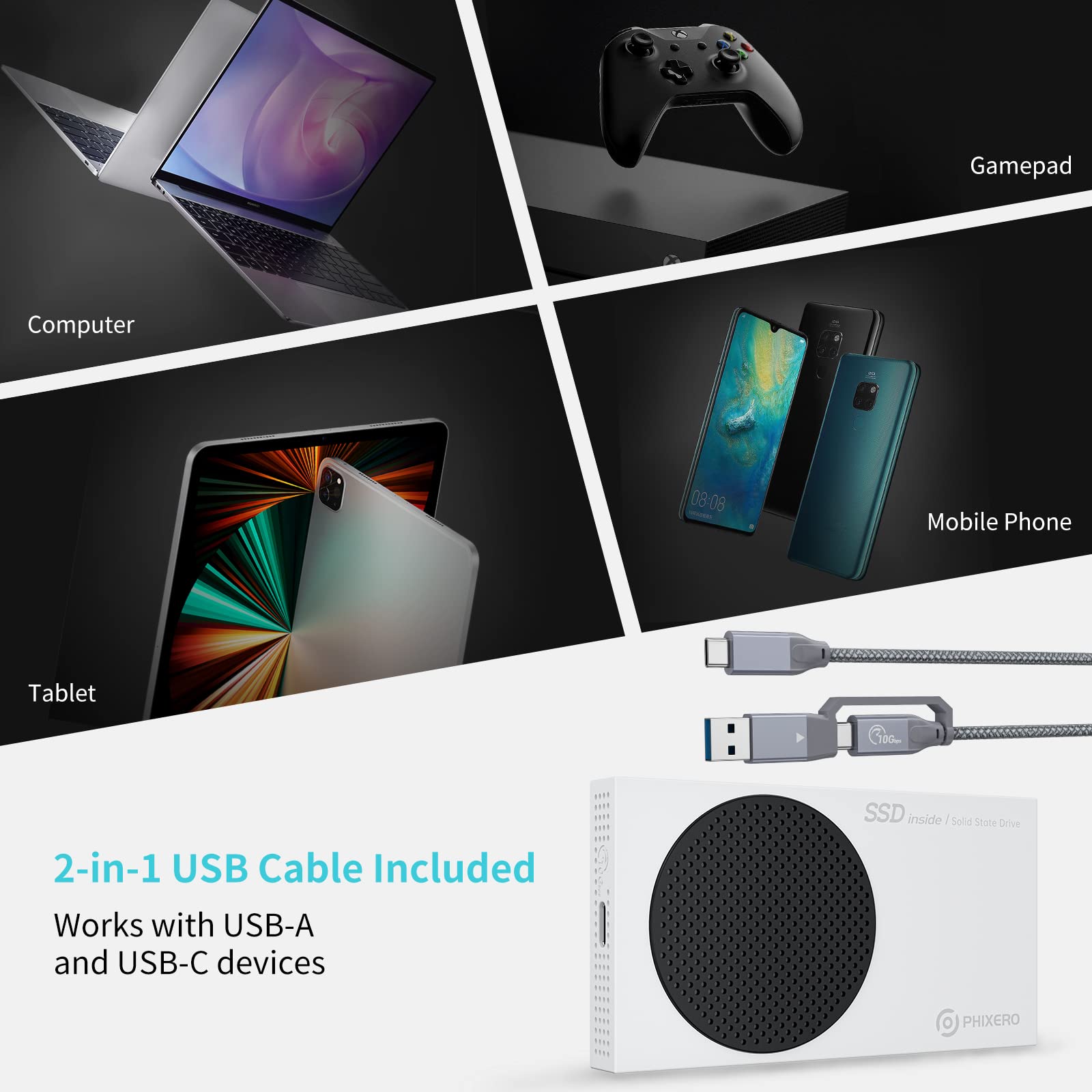 PHIXERO Portable Solid State Drive for Xbox, 512GB External Solid State Drive, Up to 1050MB/s High-Speed Data Transfer, USB 3.1 Gen2, External Portable SSD Data Storage for Gaming Consoles