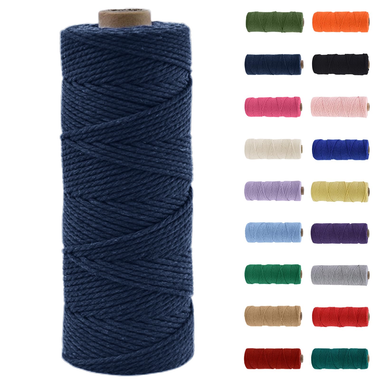 MORAINJAY 2mm Macrame Cord 100m, Navy Blue Macrame Cotton Cord Twine Rope Craft String, Natural Cotton Rope for Macrame Art, DIY Crafts & Gift Wrapping - 16 Vibrant Colors, Soft & Chemical-Free