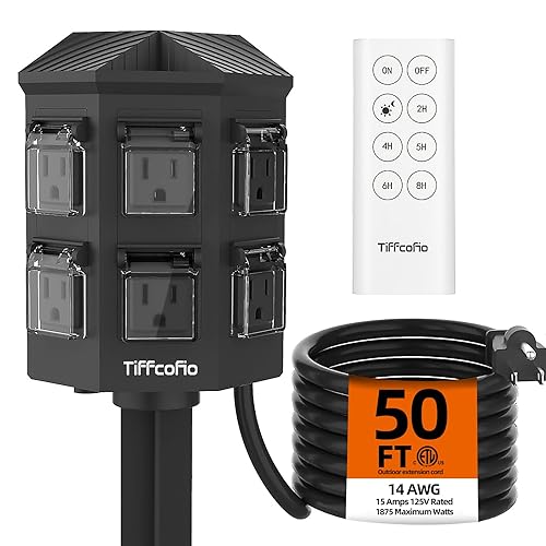 TiFFCOFiO Outdoor Power Strip with 50 FT Extension Cord, 100FT Remote Control, Dusk to Dawn Light Timer Waterproof, 6 Grounded Outlets for Yard, Pool and Garden, ETL Listed (50 FT)