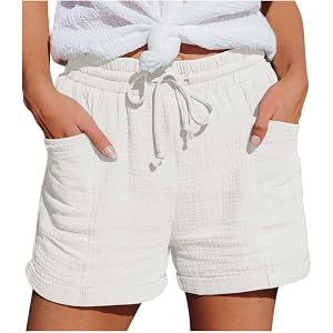 TRCELECTROP Womens Drawstring Shorts with Pockets Summer Linen Elastic Waist Shorts Casual Beach Short Pants with Pockets