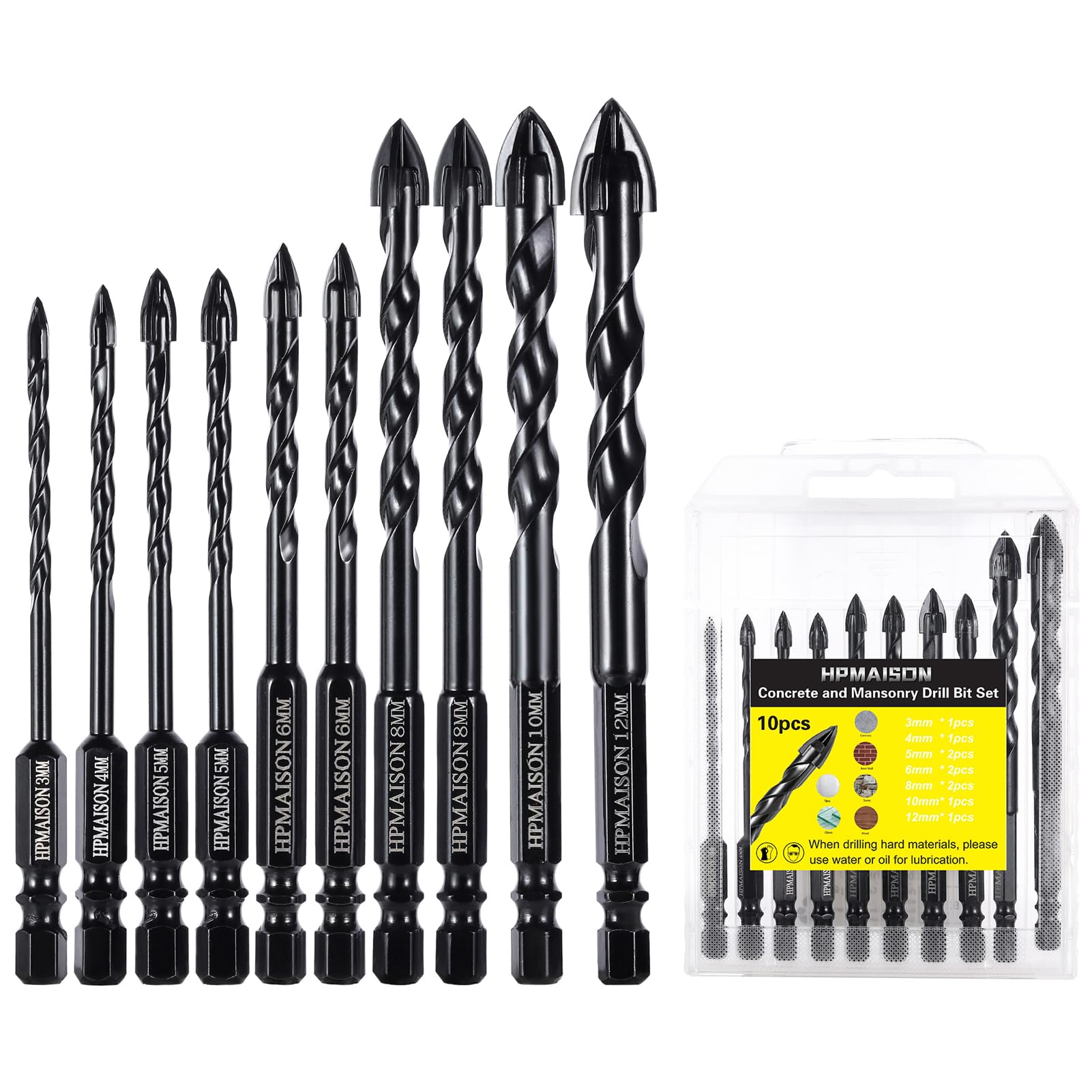 HPMAISON 10PCS Masonry Drill Bits, 4-Cutter Tungsten Carbide Tip Drill Bit Set for Drilling Concrete, Tile, Ceramic, Brick Wall, Glass, Wall Mirror, Plastic and Wood 3/4/5/5/6/6/8/8/10/12mm — image 1