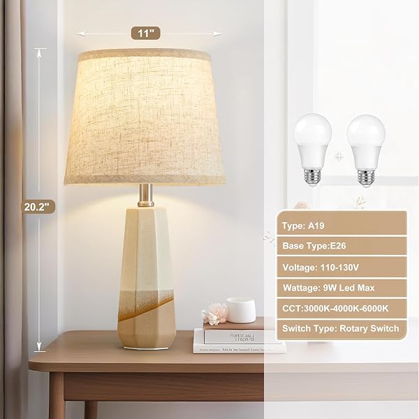 GYROVU 3 COLOR TEMPERATURE ADJUSTABLE TABLE LAMP, CERAMIC LAMP SET OF 2, LAMP FOR NIGHSTAND, BEDSIDE LAMPS WITH ROTARY SWTICH, NIGHTSTAND LAMP FOR LIVING ROOM BEDROOM OFFICE, BULBS INCLUDED-BROWN