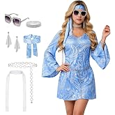 Women 70s Disco Outfits Dress Sequin Halloween Clothes Hippie Costume | 1970s 70's Outfits for Women with Accessories Sequin Dress Hip Hop Rapper Party Costume