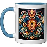 Traditional Norwegian Rosemaling Folk Art Ceramic Mug, Blue/White