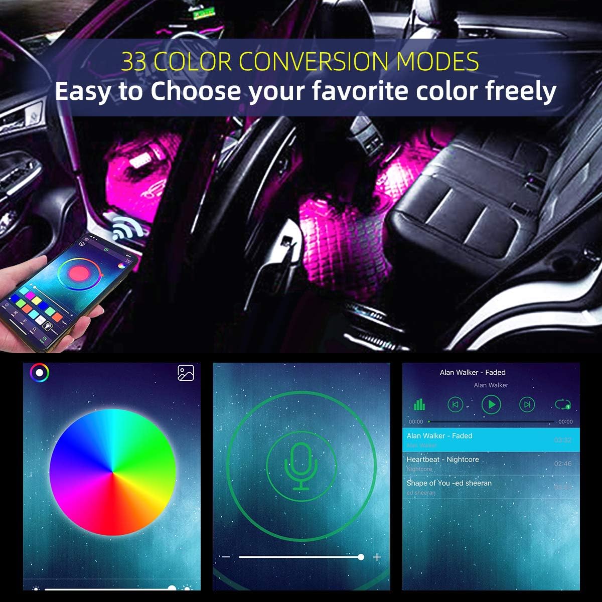 Car Interior Lights, Caferria Car LED Strip Light 4pcs 48 LED App Controller Waterproof Multi DIY Color Music Under Dash Car Lighting Kits with Sound Active Function for Smart Phone, Car Charger DC 12: Car Electronics