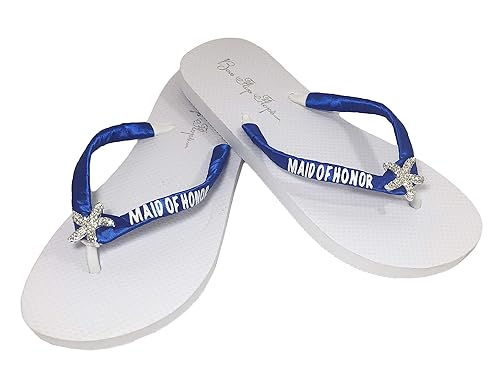Amazon.com: Glitter Maid of Honor Rhinestone Starfish Flip Flops, Royal Blue & White: Handmade