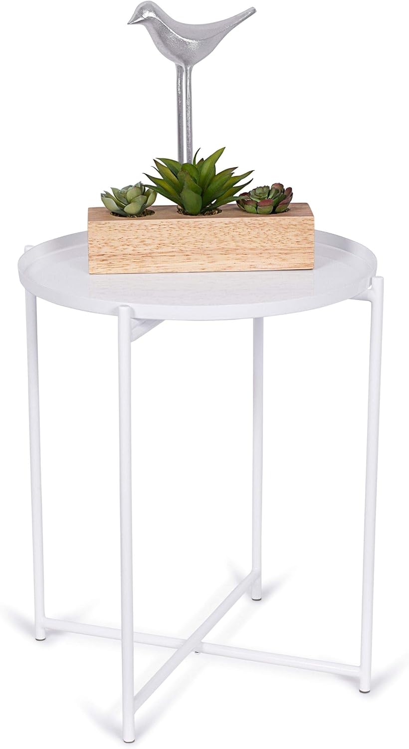 BIRDROCK HOME Ivory Folding Side Table with Removable Tray - Metal Foldable Nightstand - Living Room, Bedroom or Patio - Bar Coffee Drinks Food Serving Tray - Decorative Small Modern End Accent