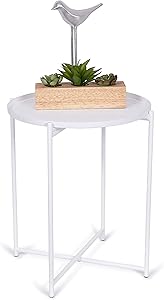 BIRDROCK HOME Ivory Folding Side Table with Removable Tray - Metal Foldable Nightstand - Living Room, Bedroom or Patio - Bar Coffee Drinks Food Serving Tray - Decorative Small Modern End Accent