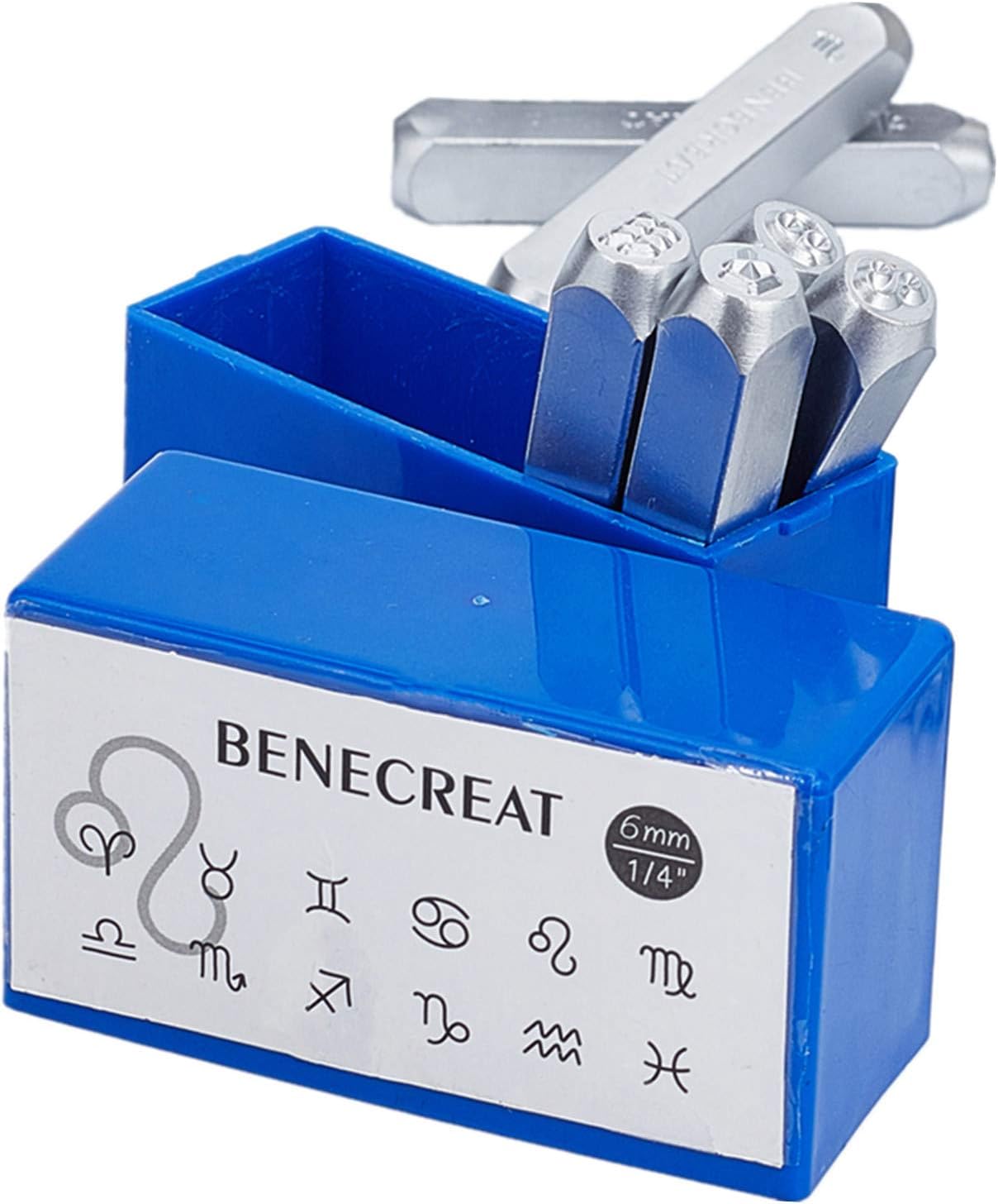 BENECREAT 12 Packs (6mm 1/4") Constellations Theme Matte Design Metal Stamp Punches with Tool Case for Jewelry Wood Stamping