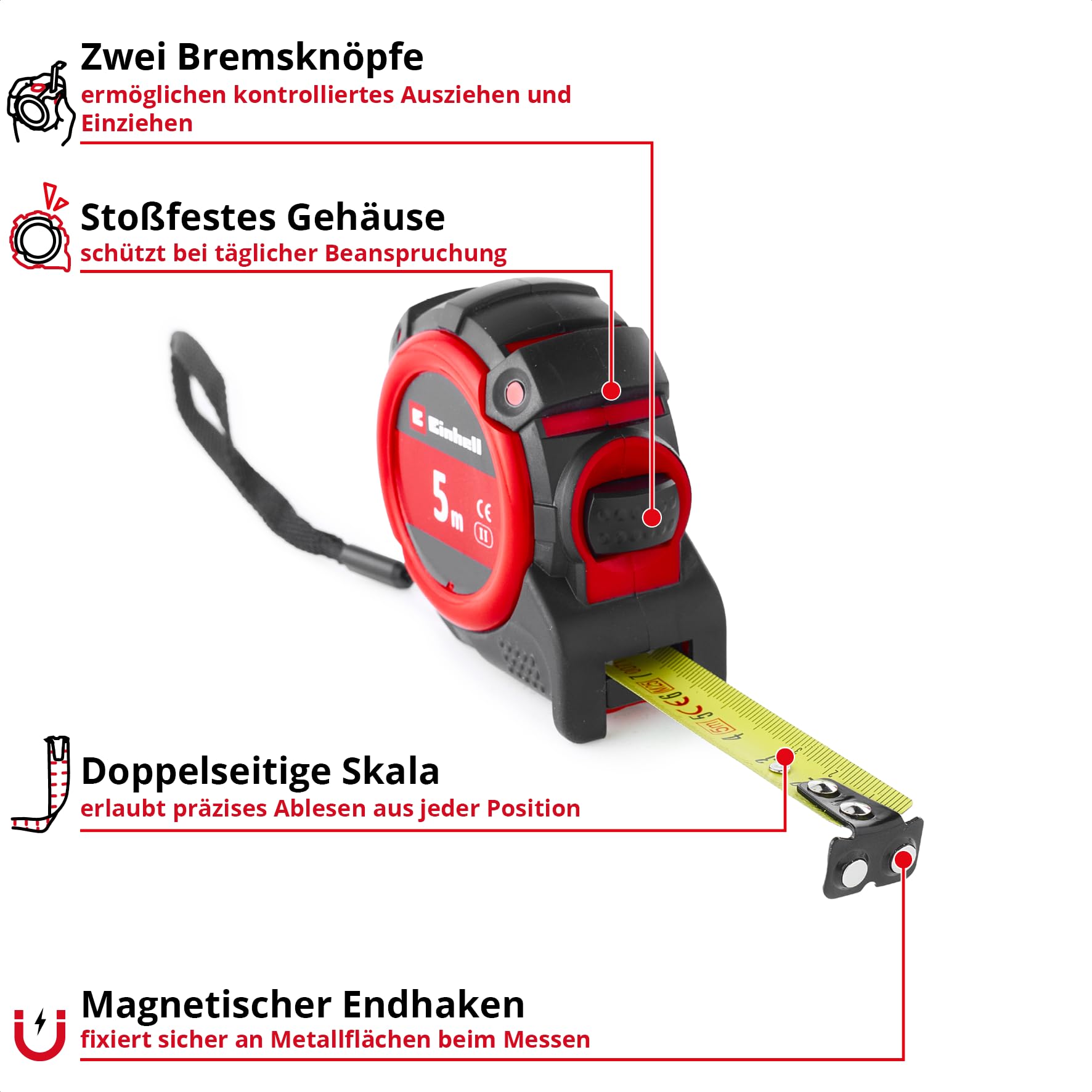 Original Einhell Bandmaß 5 m (Autolock, Nylonbeschichtung, Magnet-Endhaken, doppelseitige Skalierung, stoßfestes Gehäuse, vielseitiger Einsatz) 2