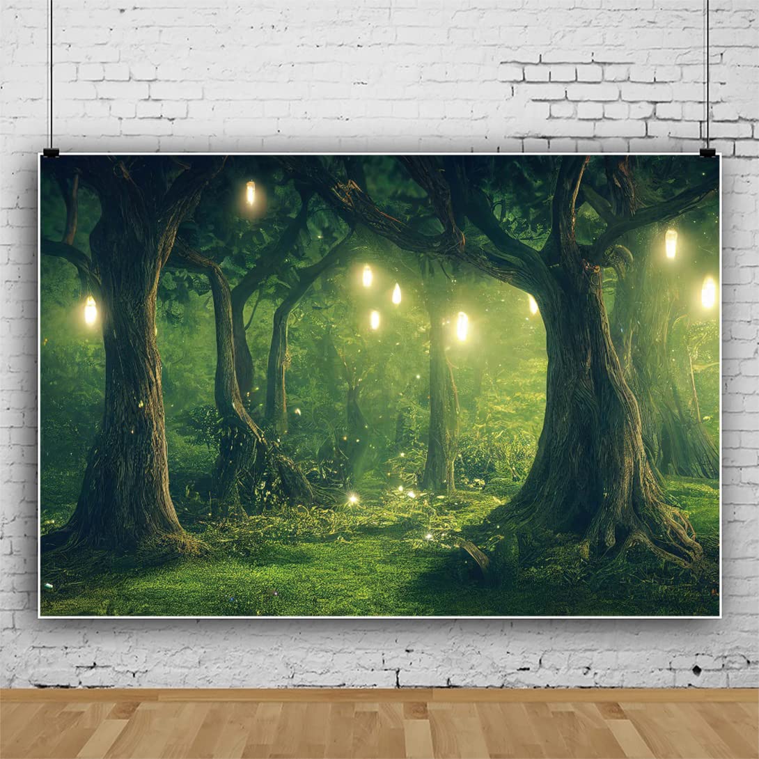 Bovlleetd 10x6.5ft Tropical Forest Jungle Backdrop Fantasy Fairytale Wonderland Forest Photography Background Green Fluorescence Forest Glow String Lights Photography Backdrop