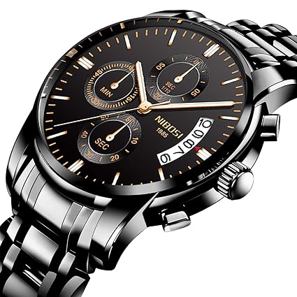 NIBOSI Mens Watches Chronograph Waterproof Quartz Wristwatches for Men Stainless Steel Band (Black)