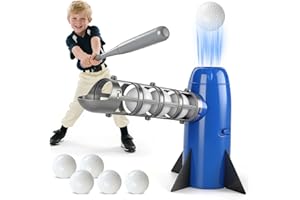 AuntyFey Auto Kids Baseball Pitching Machine, Automatic Baseball Launchers for Kids 6-8, Batting Practice Equipment with 5 Plastic Balls & Bat, Pop Up Tball Trainer, Blue