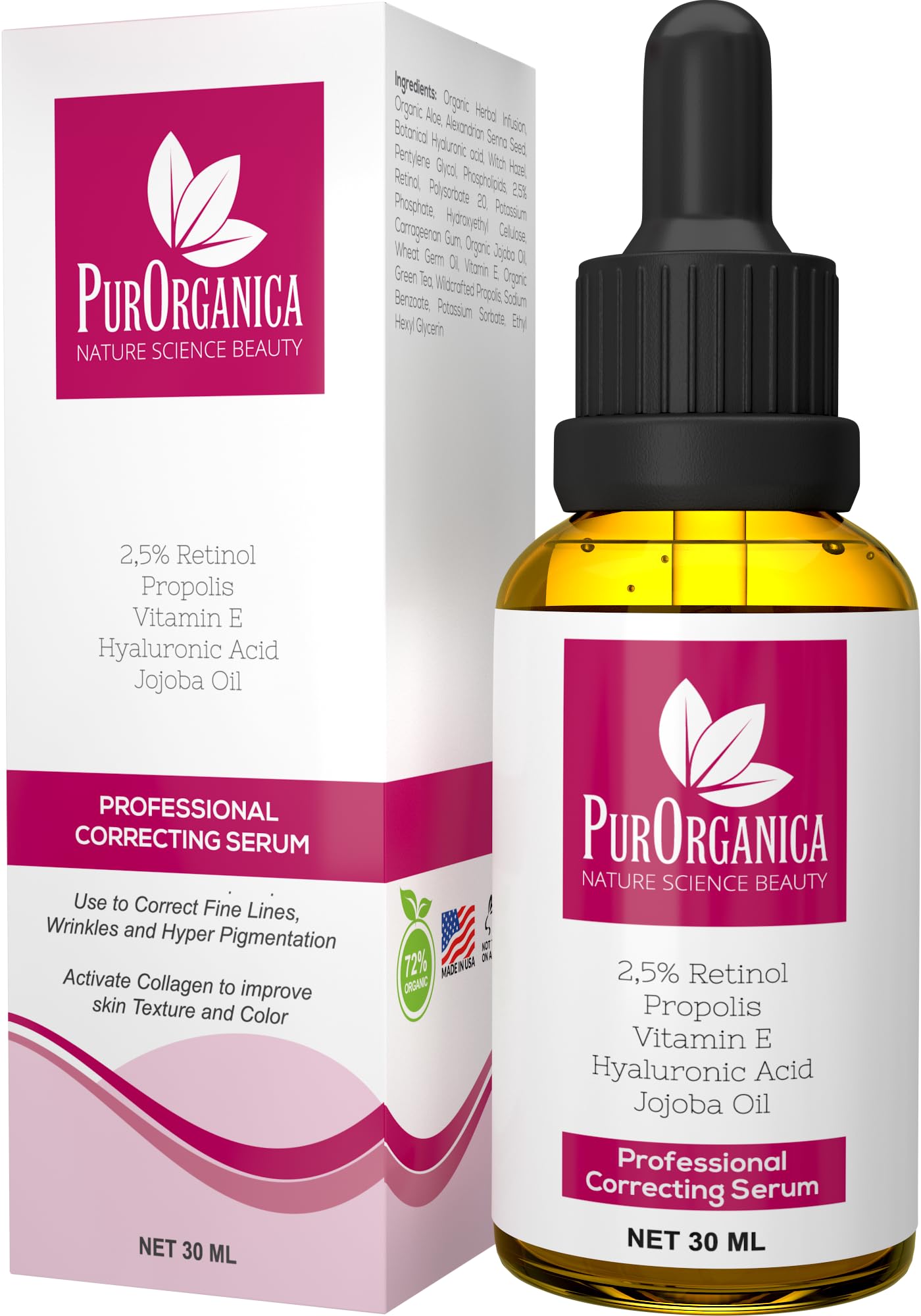 PurOrganica Retinol Serum - Best Treatment for Acne and Acne Scars, Pigmentation, Fine Lines, Wrinkles and Dark Circles - Premium 2.5% Retinol, Vegan Hyaluronic Acid & Jojoba Oil
