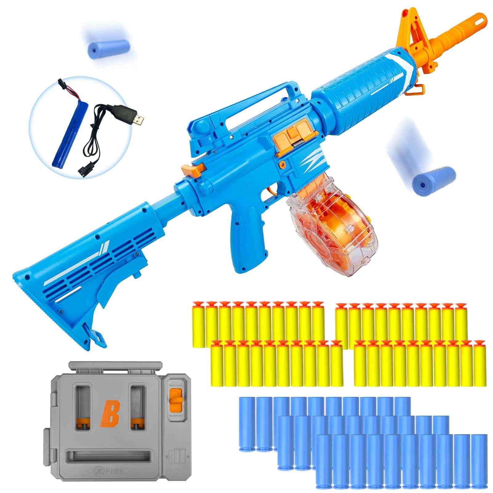 ZONZTER Toy Gun, Automatic M16 Blasters, Electric Foam Blaster Rifle Darts Rotating Drum, Auto & Manual Modes, 1 Dart Loader 40 Darts 30 Bullet Cases, Shell Ejecting Toy Gun, Gift for Boy Girl - Blue — image 1