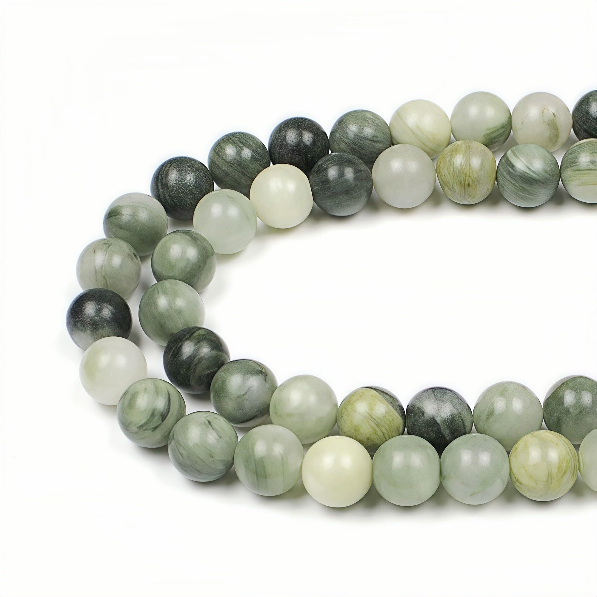 MJDCB Natural Round Stone Beads 10mm Grass Green Jade Loose Gemstone Beads for Jewelry Making Bracelet Necklace 35pcs
