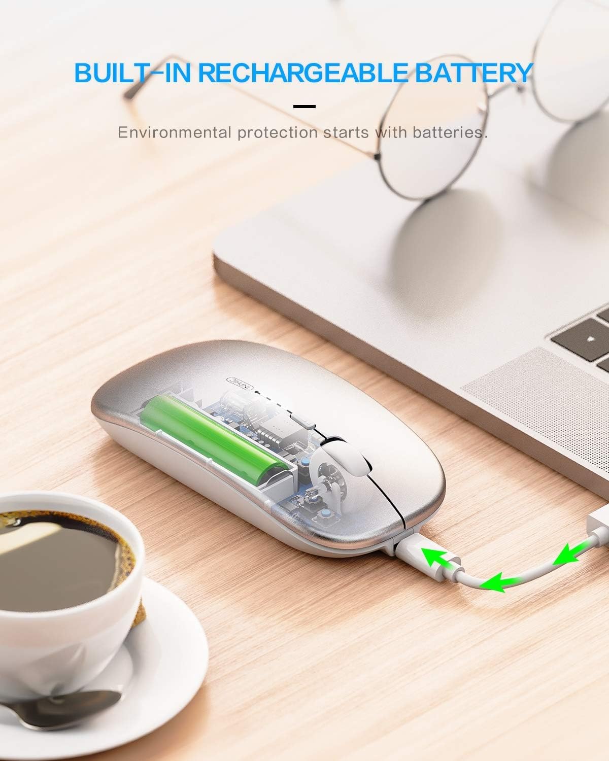 inphic Wireless Mouse Rechargeable, Ultra Thin 2.4G Silent Optical Mouse 1600 DPI with USB Receiver for Laptop PC, Mac - Image 5