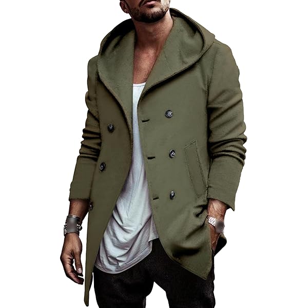 Thatrich Men's Hooded Peacoat Mid Length Trench Coat