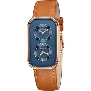 Timever Watches for Men Dual Time Zone Rectangle Analog Rose Gold Blue Dial | Leather Strap, Mens Wrist Watch, Business Casua