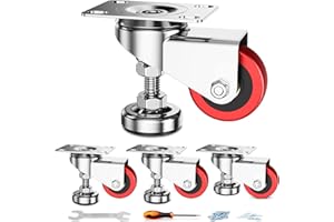 Homhoo 2" Leveling Plate Caster Wheels with Adjustable Anti-Vibration Leveling Foot Pad Heavy Duty Swivel casters for Workbench, Machine Equipment, Furniture Red Set of 4 Total Capacity 1100 Lbs