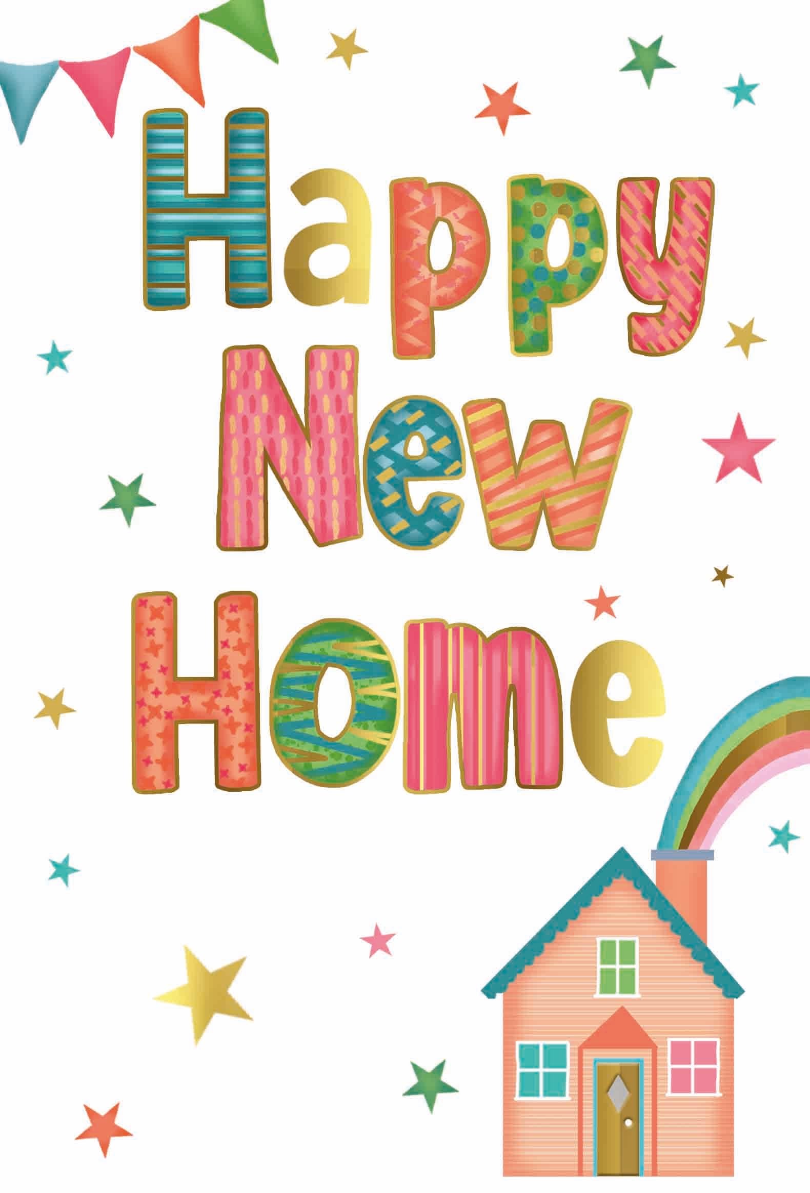 New Home Greetings Card - House with Rainbow out of Chimney Gold Foil 7.75x5.25