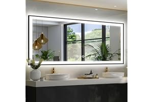 Megatex 72x32 Large Lighted Bathroom Mirror, Black Rim(Front and Backlit), 3 Colors and Dimmable Vanity Mirror, Tempered Glass, IP54 Enhanced Anti-Fog, Anti-Corrosion, Memory (Horizontal/Vertical)