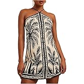 MakeMeChic Women's Tropical Print Halter Neck Dress Summer Tie Backless Spaghetti Strap Boho Short Dresses