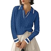 Micoson Womens Fall Long Sleeve Sweaters Lapel V Neck Cable Knitted Pullover Casual Soft Jumper Top