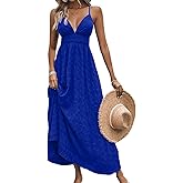 Milumia Women's Summer Smocked Cami Maxi Dress Boho V Neck Spaghetti Strap A Line Flowy Beach Long Sundress