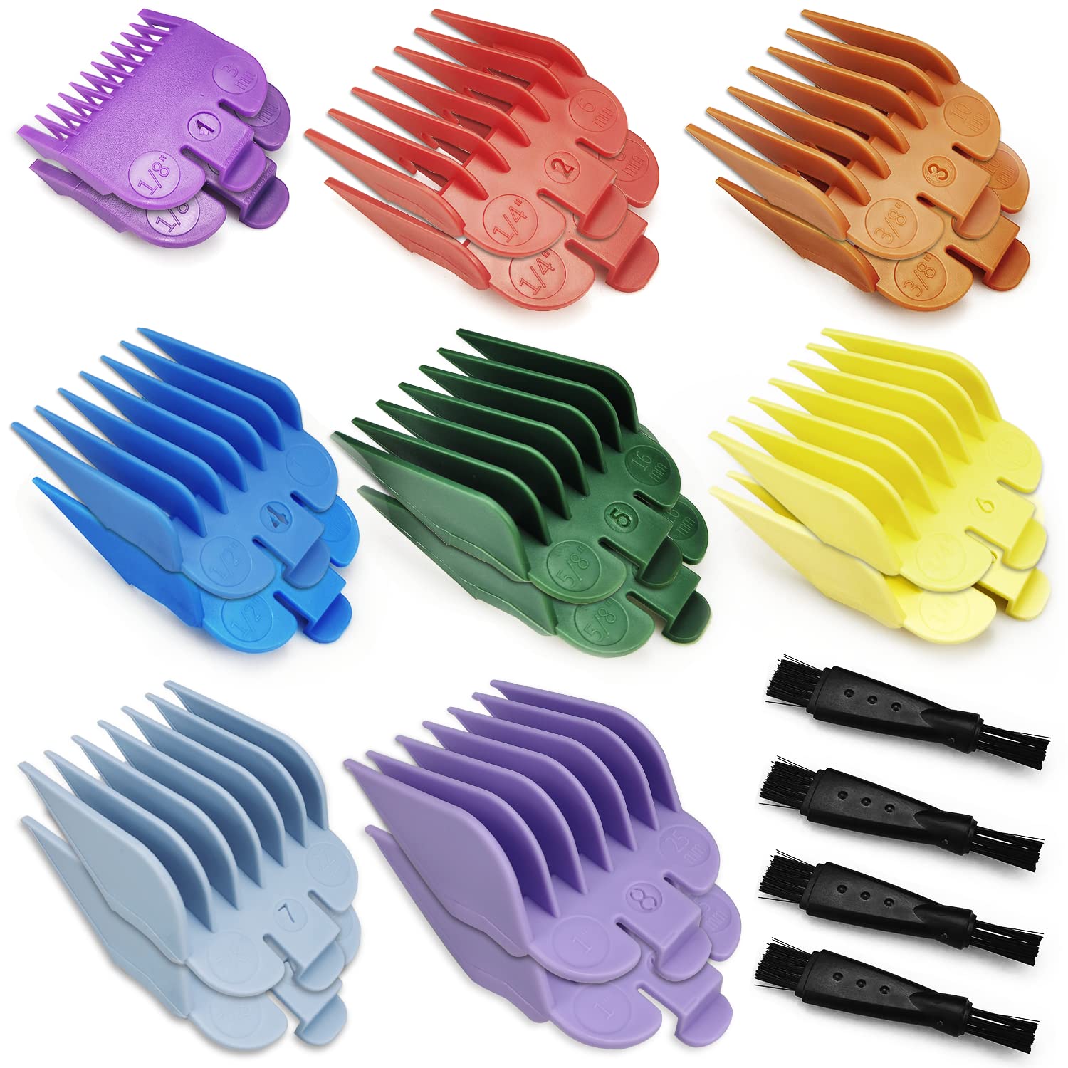 16Pcs Hair Clipper Guards Combs,Comes with 4 Cleaning Brushes Professional Hair Clipper Guide Combs,Replacement for Most Clippers Trimmers and Spares Haircut Accesorries Lengths from 1/8"-1" 3-25mm