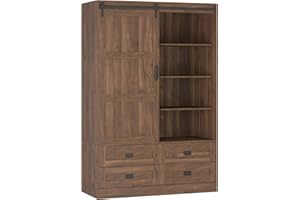 GOSROMS Armoire Wardrobe Closet with Sliding barn Door，Wardrobe Cabinet with 4 Storage Drawers and Hanging Rail,Freestanding Wooden Closet for Bedroom(Brown)