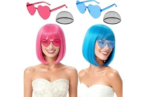 rookea 2 Pack Colored Bob Wigs and Heart Sunglasses Set, Blue Hot Pink Short Straight Bob Wig with Bangs Neon Party Colorful Synthetic Hair for Women Men Halloween Costume Bachelorette Party Favors